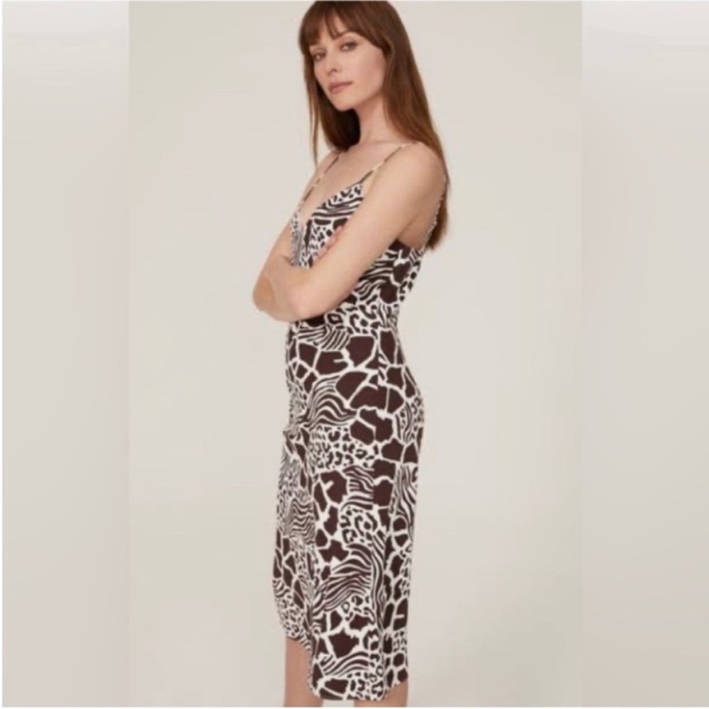 Adam Lippes Collective Spaghetti Strat Brown White Animal Print Midi Dress Sz 6